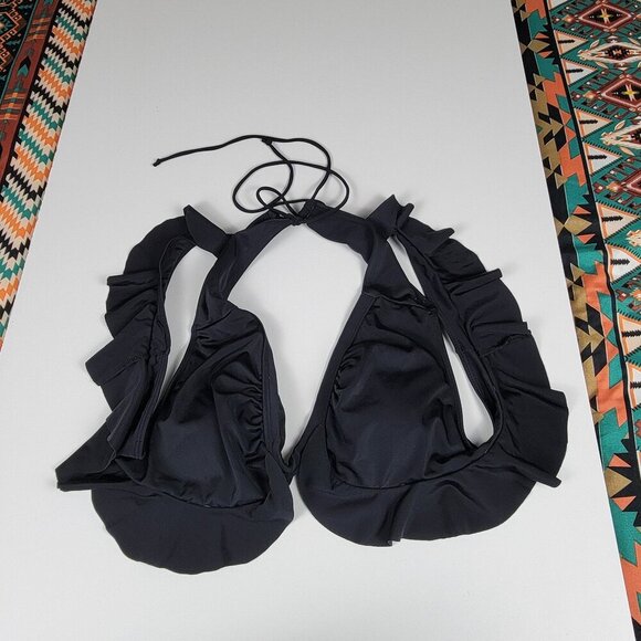 Summer Mac Swim Top Size L Black Lace Up Back  Ruffle Trim Removable Pads - Picture 1 of 10
